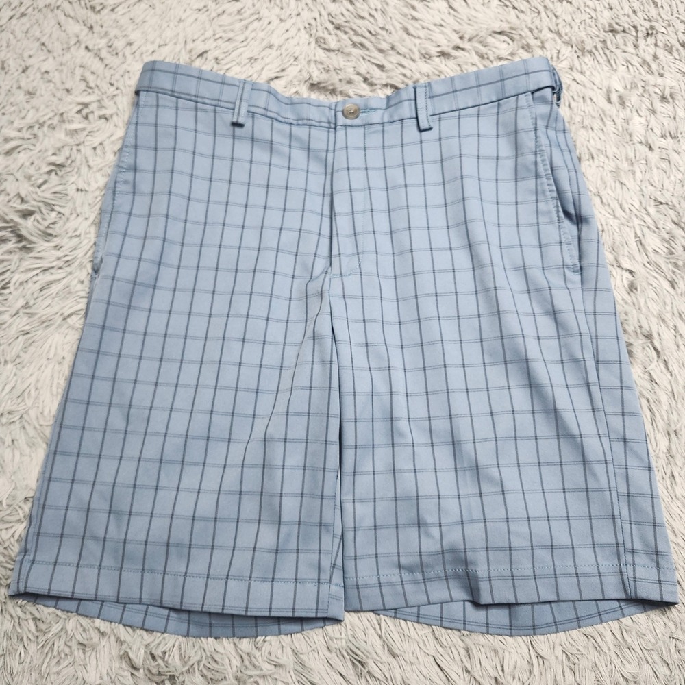 Haggar Cool 18 Pro Shorts Mens 34 Blue Plaid Golf Performance Flat Front Comfort